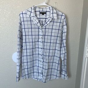 Banana Republic blue white checkered button down shirt with ruffle
